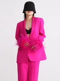 Toloer New Temperament Top Collar With Diamond Design Sense Cuff Stitching Ostrich Hair Long Sleeve Suit Spring Style-Outfit
