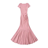 Trendy Women's Dress Small Man Step By Step Lotus Short-Sleeved Dress Square Collar Retro Slim Temperament Fish Tail Long Skirt-Outfit