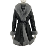 PU Leather Jackets Women Fashion Tie Belt Waist Coats Women Elegant Side Pockets Faux Fur Long Jackets Female