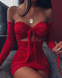 Shiny Hollow Out Sequins Dress 2020 Fashion Lace Women Dress Long Sleeve Wrinkles Off Shoulder Femme