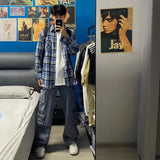 Blue Check-Shirt Loose Tide Brand Loose Couple Casual Long-Sleeved Plaid Shirt Jacket