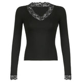 Toloer Pure Desire Sexy Wind Lace Splicing Base Long-Sleeved T-Shirt V-Neck Pure Color Slim Slim Joker Top-Outfit