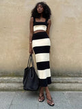 East New Women's Black And White Knitted Striped Long Suit Vest With Sweater