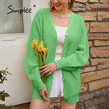 Simplee Casual v-neck knitted cardigan women Autumn winter lantern sleeve button female cardigan Fashion ladies oversize