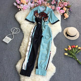 New Spring Autumn Fashion turn down collar short sleeve zipper Jumpsuit hit color print high waist casual wide leg