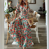 Toloer 953 Spot Autumn 2023 New Women's Fashion V Neck Long Sleeve Print Loose Medium Long Dress-Outfit