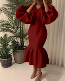 Commute Plus Size Women's Fashion Solid Color V-neck Bubble Long Sleeve Fishtail