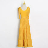 Minimalist Solid Dress For Females Square Collar Sleeveless High Waist Self Tie Bowknot Summer Women's Dresses