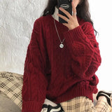 Winter Women Red Pullovers Loose Vintage Twist Jumpers Long Sleeve Knit Outwear Tops Korean Preppy Style O-neck Sweaters 1028-1-Outfit