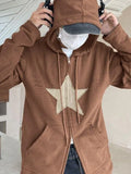 Vintage Star Patch Baggy Zip Up Hoodie-Outfit
