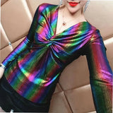 Glossy Contrasting Colors Slim T-shirt 2023 Spring Autumn Long Sleeve Female Clothing Sexy V-Neck Stylish Folds