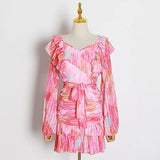 Causal Print Women Dress V Neck Lantern Long Sleve High Waist Lace Up Bow Ruffles Ruched Hit Color Dresses