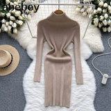 Sheath Women Dress Fashion Turtleneck Long Sleeve A Line Bodycon Dress Female Solid Streetwear Knitted