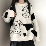 Christmas Cow Sweater Women Clothing Loose Knitted Kawaii Clothes Harajuku Cropped Jumper Tops Korean Fashion Long Sleeve