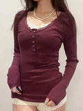 Solid Lace Trim Breasted Long Sleeve Knit-Outfit
