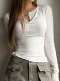 Solid Color Breasted V Neck Slim Long Sleeve Knit-Outfit