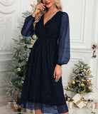 Toloer New V-Collar Elegant Slim Solid Color Stitching Mesh Perspective Sprinkling Powder Dress Female-Outfit
