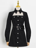 Casual Black Dress For Women Lapel Long Sleeve High Waist Cut Out Solid Mini Dresses Female Fashion Clothing