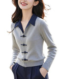 Toloer Chinese Style Gray Polo Collar Knitted Shirt Autumn Women 2025 New Small Small Small