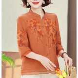 Summer Women's Round Neck Flower Embroidered Button Patchwork Chiffon Cardigan T-shirt Casual Elegant Three Quarter Tops-Outfit