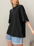 Loose Open Fork Cotton Short-Sleeved T-Shirt Women Comfortable Round Neck Solid Color T Hot