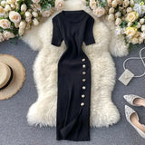 Solid Korean Vintage High Waist Women Dress Bodycon Sexy Stretch Knitted 2022 Summer Dresses Chic