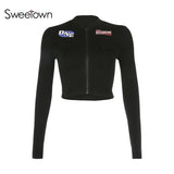 Sweetown Black Moto & Biker Cropped Jackets Coats Streetwear Zipper Stand Collar Print Long Sleeve Jacket Women Autumn