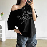 Summer New Women's Street Fashion Letter Print Slanted Shoulder Short-Sleeved Loose T-Shirt