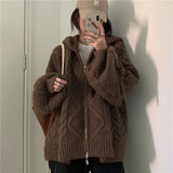 Cable Knit Zip Up Hooded Cardigan-Outfit