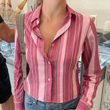 Toloer Retro Pink Striped Long Sleeve Shirt Women's Polo Collar Slim Slim Single Breasted Top-Outfit