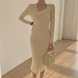 Autumn / Winter Core-Spun Yarn Knitted Long-Sleeved Dress V-Collar Slim Black Medium-Long Slit Hip Skirt-Outfit