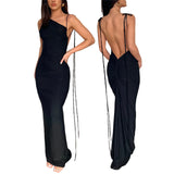 Sexy Women‘s Bodycon Long Dress Solid Color Slant Shoulder Drawstring Backless Ruched Detail Skinny Party vestido-Outfit