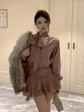 Shirt Dress Woman Elegant Long Sleeve Patchwork Ruffles Lantern Long Sleeve Spring Mini Dresses Female Fashion Vintage-Outfit