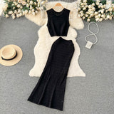 Toloer And Summer Pure Desire Gentle Wind Temperament Suit Female Hollow Out Sleeveless Short Vest Fishtail Skirt Two