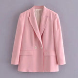 Double Breasted Pink Blazer Women Office Long Sleeve Elegant Coat With Pockets Ladies Notched Collar Jackets