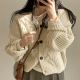 Solid V Neck Puff Sleeve Cable Knit Cardigan-Outfit