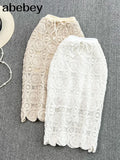 New Ladies Hollow Out Solid Color Elastic Waist Crocheted Skirt With Drawstring