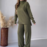 2025 New Fashion Pure Color Round-Neck Casual Knitted Wide Leg Trousers Two