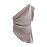 Women's Clothing 2025 Spring New Fold Design Asymmetrical Collar Three-Piece Vest