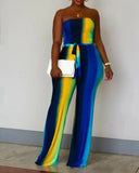 Women's Summer Bandeau Sleeveless Jumpsuits with Belt Non-Stretch Ombre Tie Dye Tied Detail Straight Leg Female