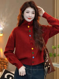 Toloer Goods Color Single Row Buckle Long-Sleeved Top Women Soft Glutinous Comfortable Warm Autumn And Winter Thin Thick Sweater
