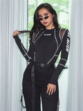 Mesh Colorblock Half Turtleneck Bottoming Shirt Letter Print Topstitching Long Sleeve T-Shirt All-match One Piece Women-Outfit