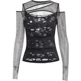 Summer New Personality Women's Wear Dark Wind Hot Girl Sexy Slim Grid Hole Long-Sleeved Top Girl-Outfit