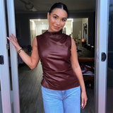 Toloer Women's 2024 New Leather Pile Collar Personality Closed Waist Oblique Hem Sleeveless Jacket Women's Vest-Outfit