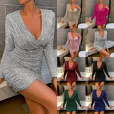 Autumn And Winter New Women's Sexy V-Necked Hip Dress Fashion Squin Dress Dress Dress