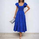 Summer Women's Casual Square Collar Print Folded Lotus Leaf Sleeve Dress Flowing