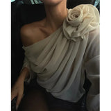 Floral Applique Mesh One Shoulder Long Sleeve Top-Outfit