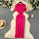 Little Scent Retro V-Neck Metal Single-D Row Buckle Slimming Temperament Knitted Dress