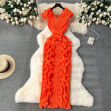 High-End High-End Light Luxury Small Frills Fold Three-Dimensional Lotus Leaf Side Of The Long Temperament Dress