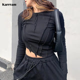 Korean Fashion Designer Clothes Irregular Crop Tops Long Sleeve Tight Sexy Slim Tee Shirts Chic Streetwear Black Y2k